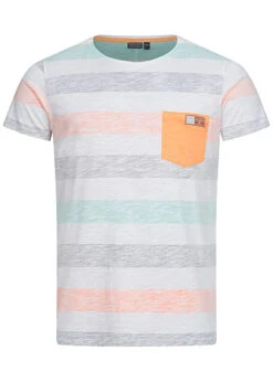 Eight2Nine Herren Multicolor T-Shirt Inside Streifen Muster Brusttasche Orange Grün