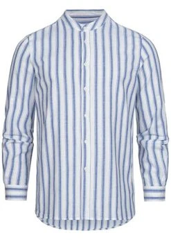 Hailys Herren Turn-Up Linen Hemd Shirt Knopfleiste Streifen Muster Weiss Blau