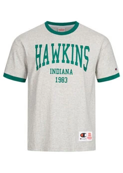 Champion Herren T-Shirt Stranger Things Hawkins Print Und Aufnäher Grau Grün