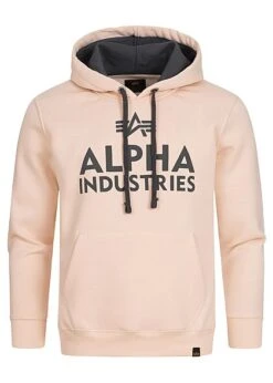 Alpha Industries Herren Hoodie Kängurutasche Kapuze Logo Patch Jet Stream Weiss Rose