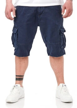 Indicode Herren Kurze Cargo Jeans Hose Mit Gürtel Und 7-Pockets Navy Blau