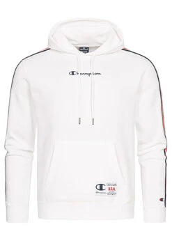 Champion Herren Sport Tech Hoodie Mit Kapuze & Logo Print Kängurutasche Weiss Rot