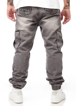 Seventyseven Lifestyle Herren Cargo Jeans Hose 6-Pockets Tunnelzug Grau Denim -Rice Owls Geschaft 22107322 2